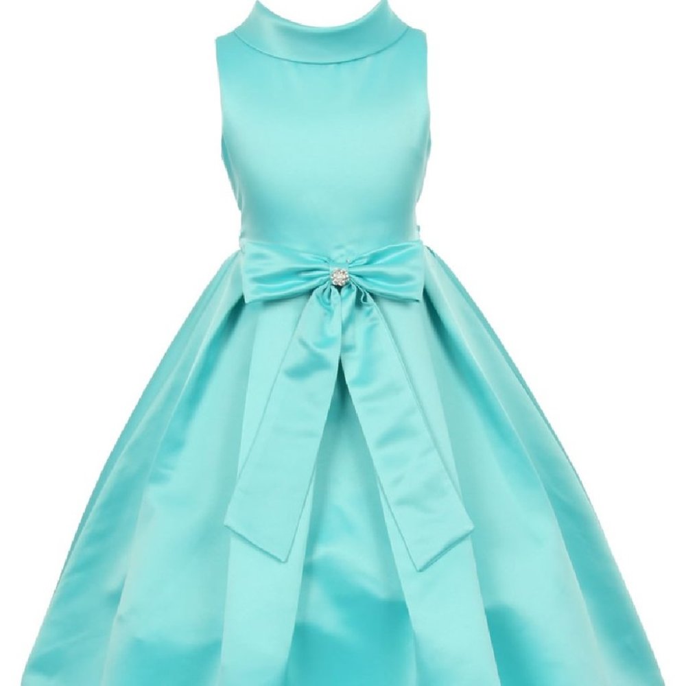 Little Girls Bridal Dull Satin Bow Rhinestone Easter Flowers Girls Dress Aqua